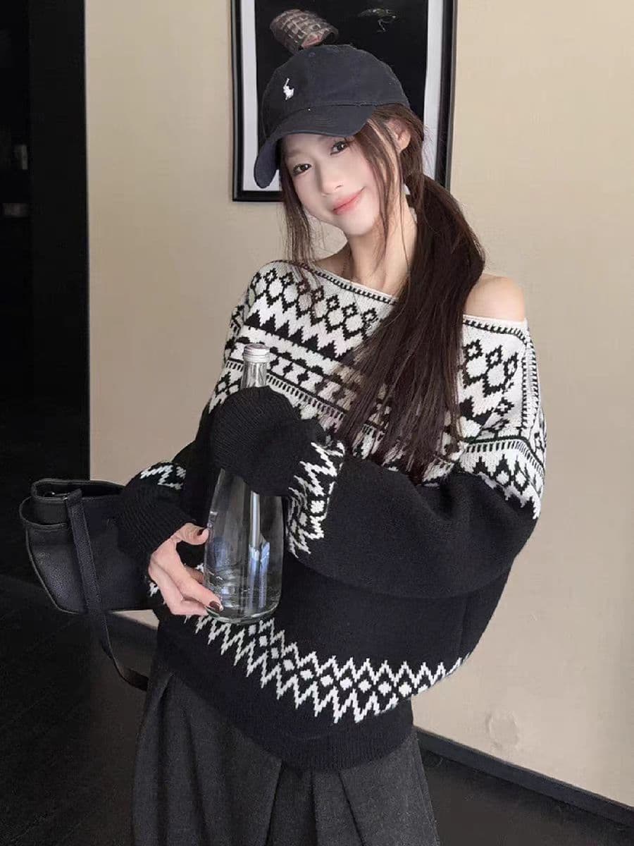 겨울 공정한 섬 26 지점 부드러운 찹쌀 양모 실 비스듬한 어깨 오래된 돈 배색 자카드 니트 스웨터 이미지 2