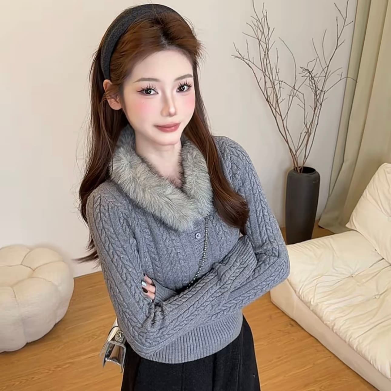 가을 겨울 새로운 패션 다용도 한국 스타일 품격 슬림해 보이는 니트 스웨터 탈착식 모피 칼라 꽈배기 절묘한 보온 스웨터 상세 이미지 2