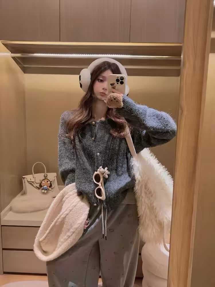 스웨터 오픈 가디건 포함 양모 부드러운 찹쌀 루즈핏 느긋한 바람 플라워 라인 캐주얼 다용도 품격 라운드 넥 니트 스웨터 맨위 이미지 4