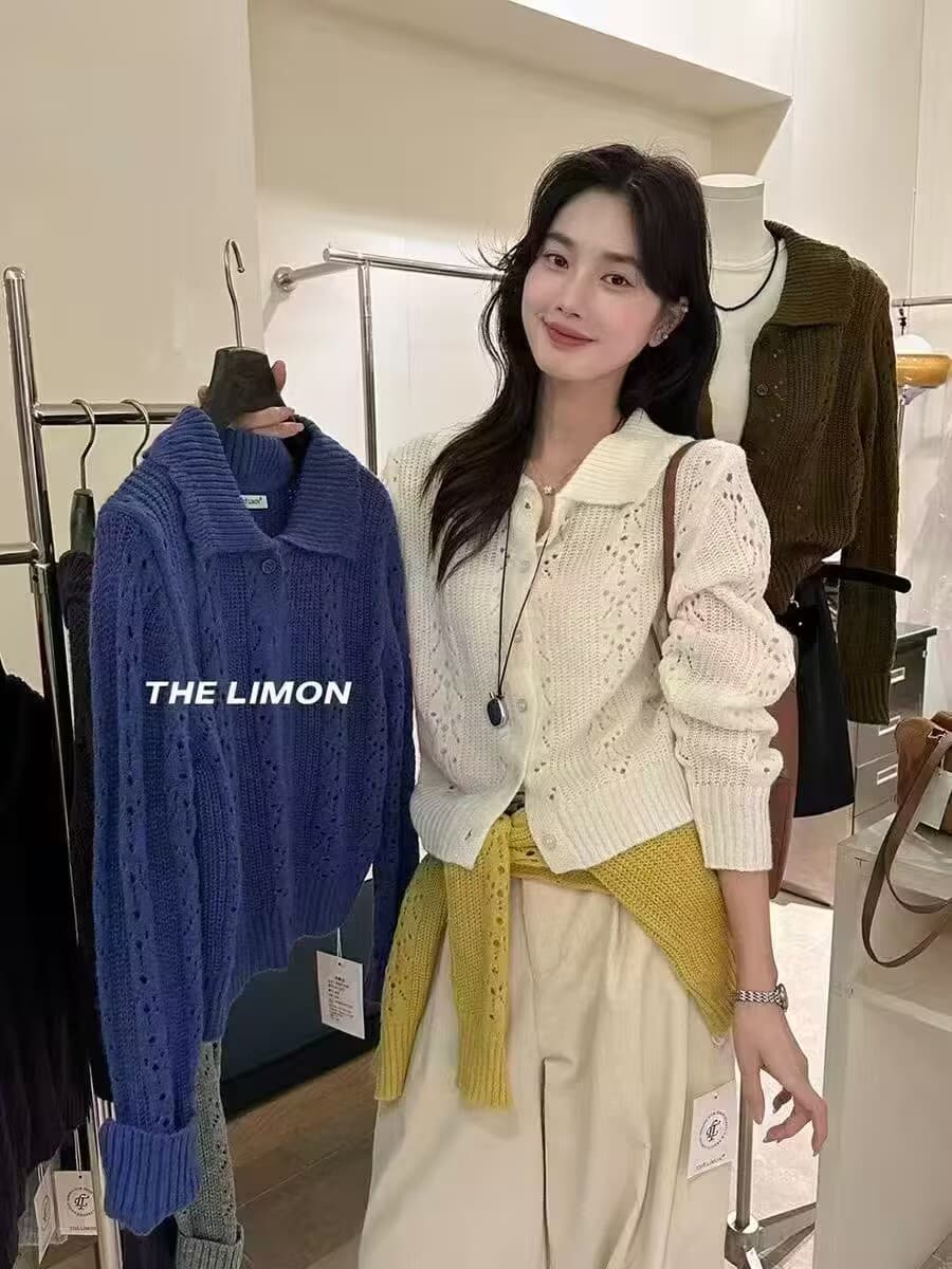 한 부서 POLO 칼라 니트 오픈 가디건 여성 코트 가을 겨울 분위기 센스 루즈핏 폴로 칼라 스웨터 긴팔 짧은 맨위 이미지 2