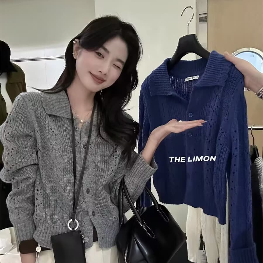 한 부서 POLO 칼라 니트 오픈 가디건 여성 코트 가을 겨울 분위기 센스 루즈핏 폴로 칼라 스웨터 긴팔 짧은 맨위 상세 이미지 1