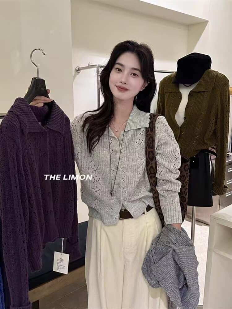 한 부서 POLO 칼라 니트 오픈 가디건 여성 코트 가을 겨울 분위기 센스 루즈핏 폴로 칼라 스웨터 긴팔 짧은 맨위 상세 이미지 2
