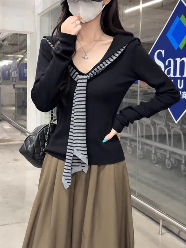해군 칼라 배색 숄 긴팔 니트 스웨터 여성 가을 2026 새로운 다용도 몸매 가꾸기 페이크 레이어드 캐주얼 맨위 이미지 2