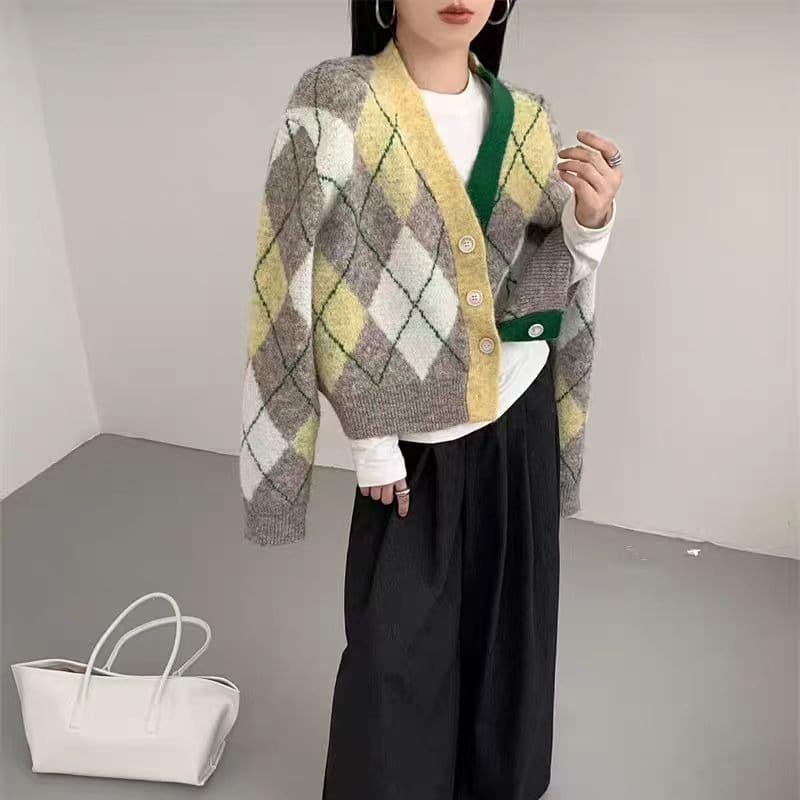 한국 동대문 가을 새로운 외국 가스 링 체크무늬 니트 오픈 가디건 여성 V넥 느긋한 윈디 에디션 스웨터 코트 이미지 5