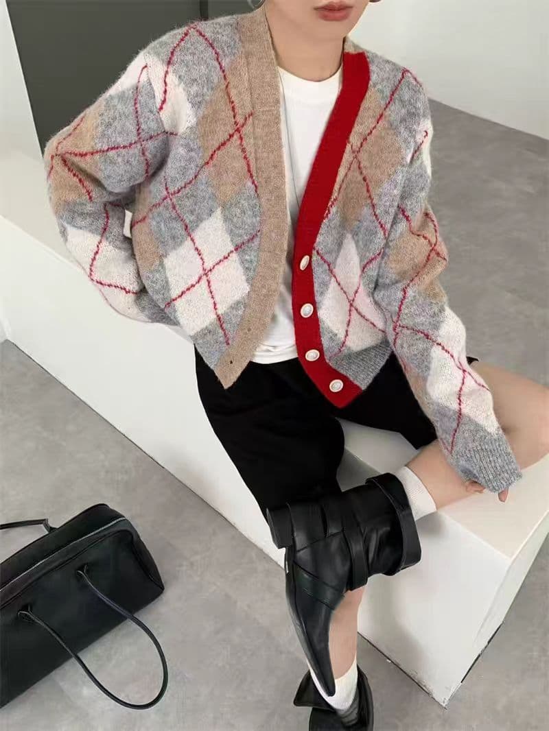 한국 동대문 가을 새로운 외국 가스 링 체크무늬 니트 오픈 가디건 여성 V넥 느긋한 윈디 에디션 스웨터 코트 상세 이미지 1