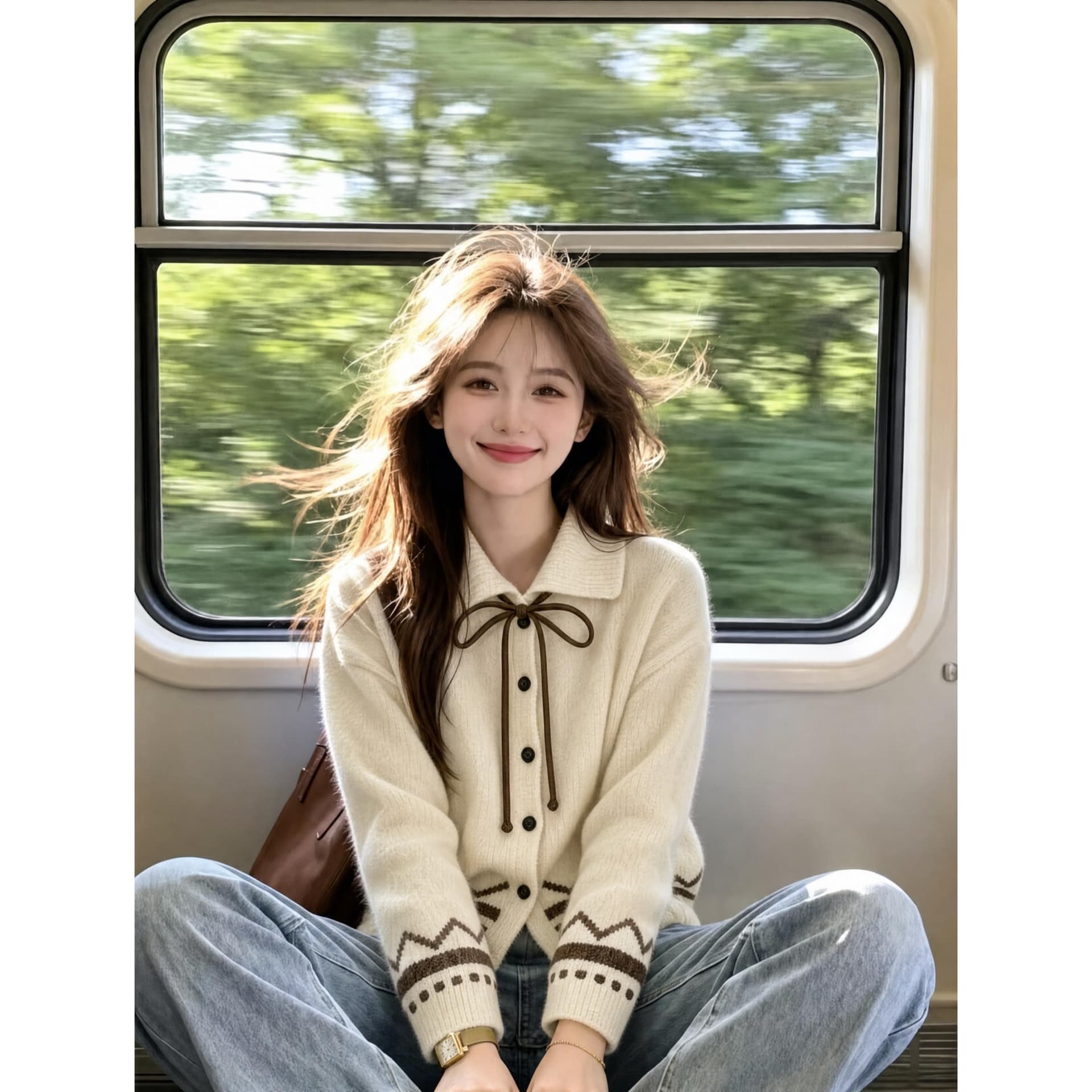 폴로 칼라 레이스업 스웨터 여성 코트 가을 겨울 새로운 그리드 레이 부서 회색 니트 오픈 가디건 레트로 자카드 맨위 이미지 3