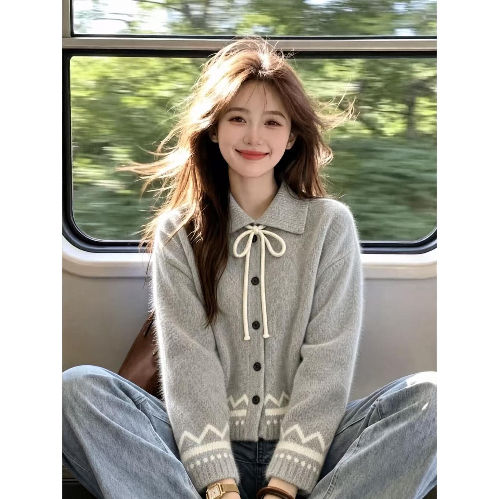 폴로 칼라 레이스업 스웨터 여성 코트 가을 겨울 새로운 그리드 레이 부서 회색 니트 오픈 가디건 레트로 자카드 맨위 이미지 4