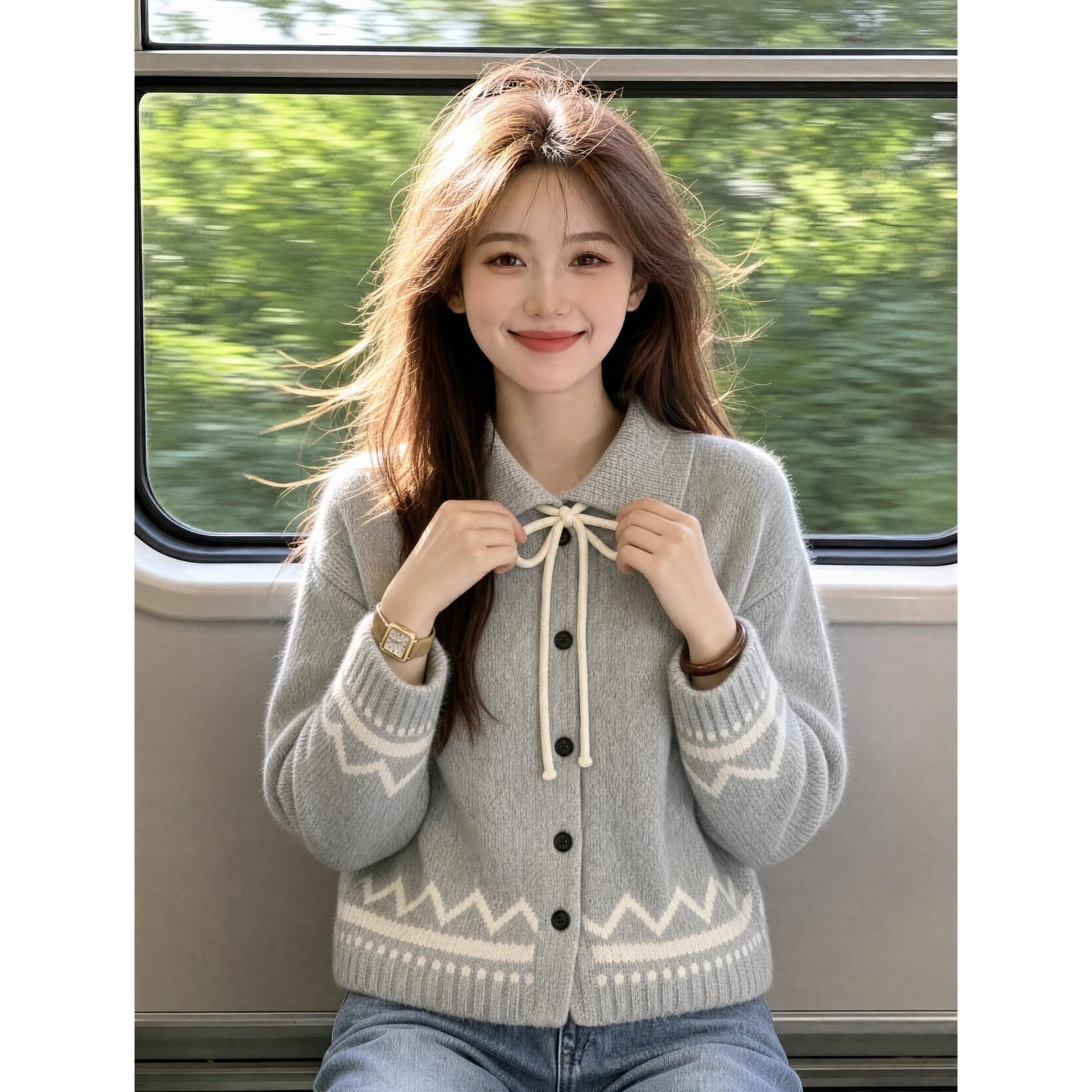 폴로 칼라 레이스업 스웨터 여성 코트 가을 겨울 새로운 그리드 레이 부서 회색 니트 오픈 가디건 레트로 자카드 맨위 상세 이미지 2