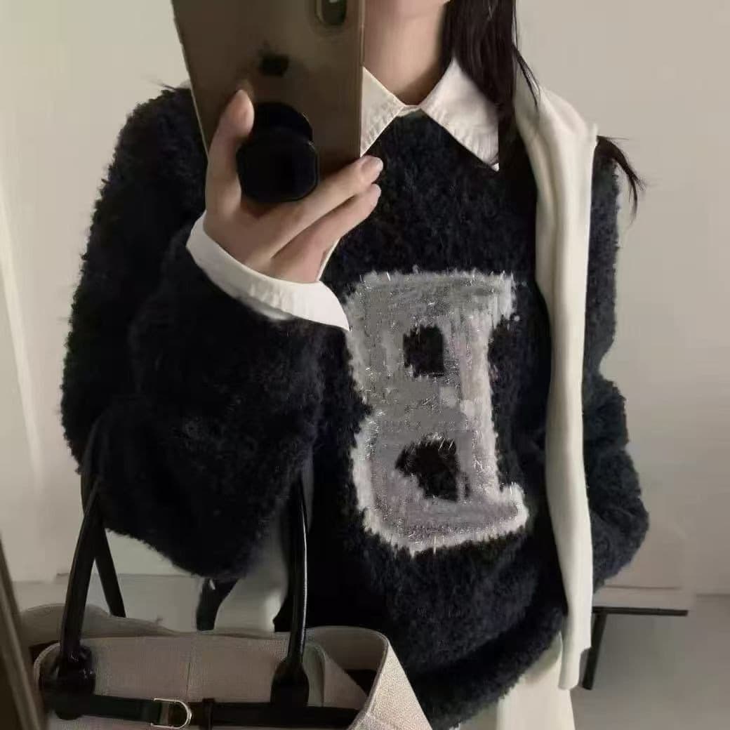 아메리칸 레트로 알파벳 자카드 니트 스웨터 여성 가을 겨울철 털 코일 고급 센스 부드러운 찹쌀 캐주얼 다용도 맨위 상세 이미지 3