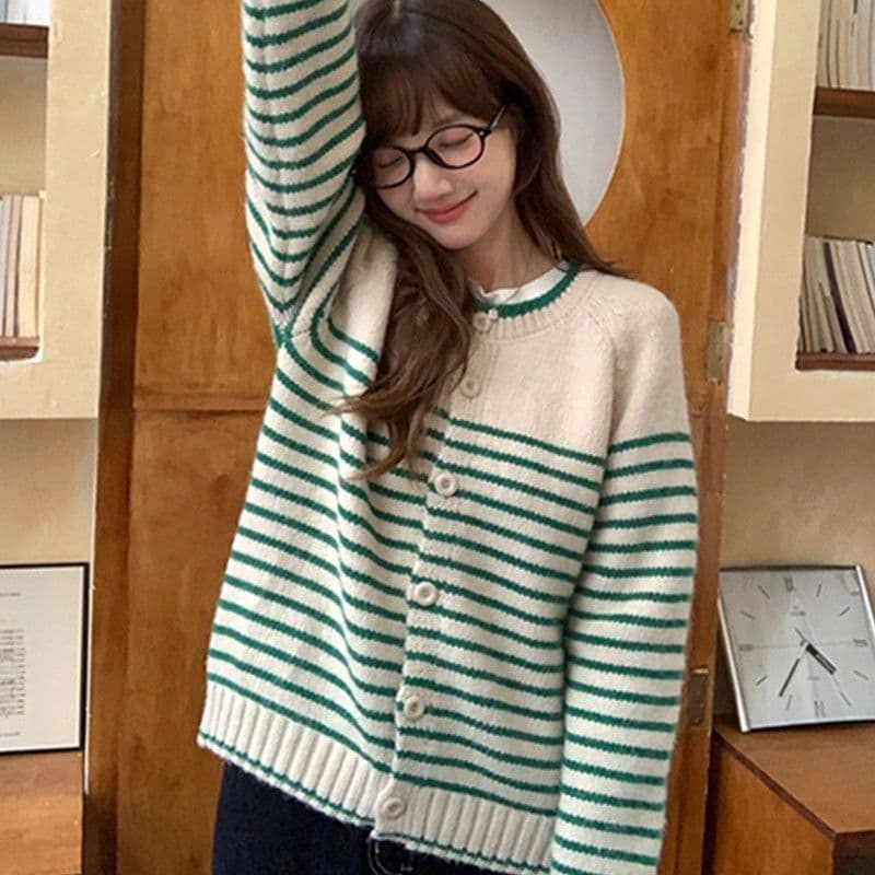 한 부서 레트로 느긋한 바람 스웨터 가을 겨울 새로운 스트라이프 긴팔 니트 오픈 가디건 다용도 재킷 맨위 여성 외출용 이미지 4