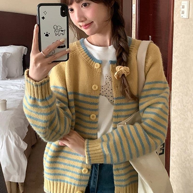 한 부서 레트로 느긋한 바람 스웨터 가을 겨울 새로운 스트라이프 긴팔 니트 오픈 가디건 다용도 재킷 맨위 여성 외출용 이미지 5