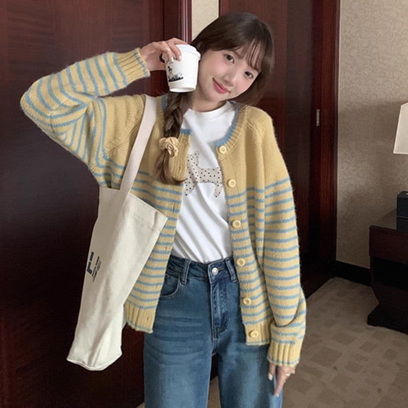 한 부서 레트로 느긋한 바람 스웨터 가을 겨울 새로운 스트라이프 긴팔 니트 오픈 가디건 다용도 재킷 맨위 여성 외출용 상세 이미지 2