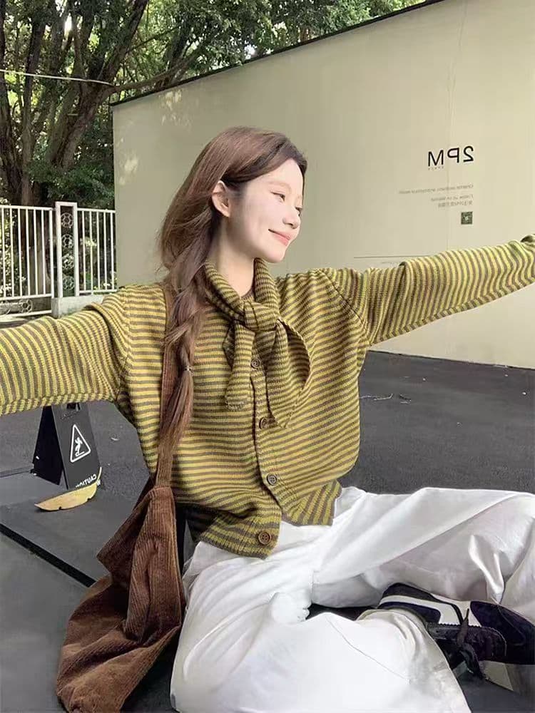 letm 색상 통제 ~ 중 가을 레트로 색상 포인트 스트라이프 배색 코디 니트 스웨터 여자 오픈 가디건 캐주얼 이미지 2