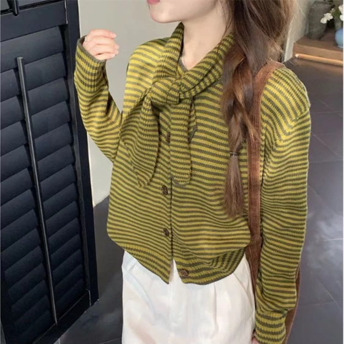 letm 색상 통제 ~ 중 가을 레트로 색상 포인트 스트라이프 배색 코디 니트 스웨터 여자 오픈 가디건 캐주얼 이미지 3