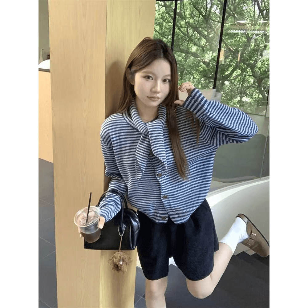 letm 색상 통제 ~ 중 가을 레트로 색상 포인트 스트라이프 배색 코디 니트 스웨터 여자 오픈 가디건 캐주얼 이미지 5