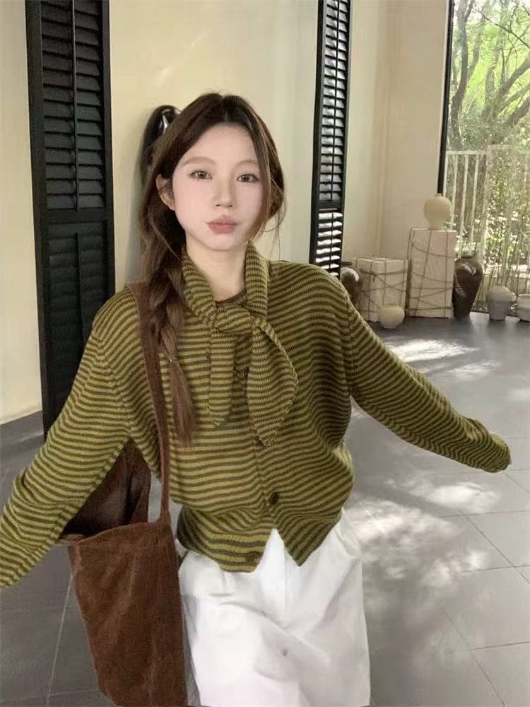 letm 색상 통제 ~ 중 가을 레트로 색상 포인트 스트라이프 배색 코디 니트 스웨터 여자 오픈 가디건 캐주얼 상세 이미지 3