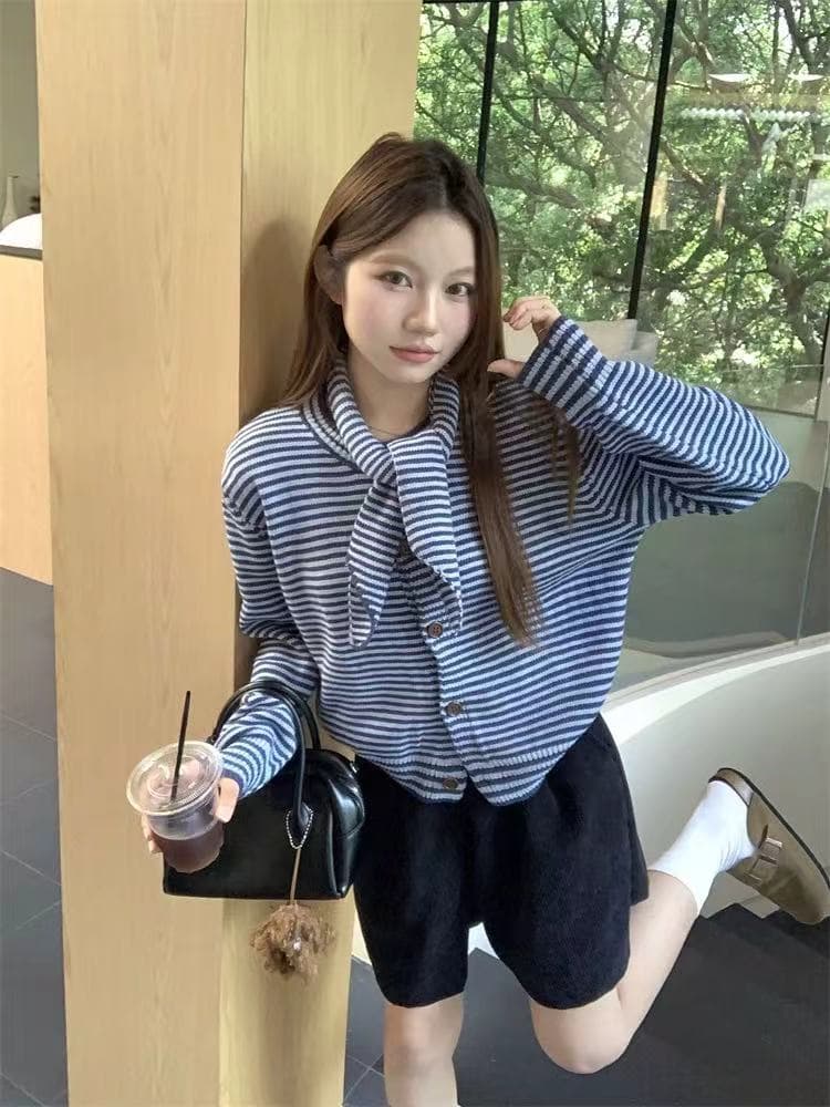 letm 색상 통제 ~ 중 가을 레트로 색상 포인트 스트라이프 배색 코디 니트 스웨터 여자 오픈 가디건 캐주얼 상세 이미지 4