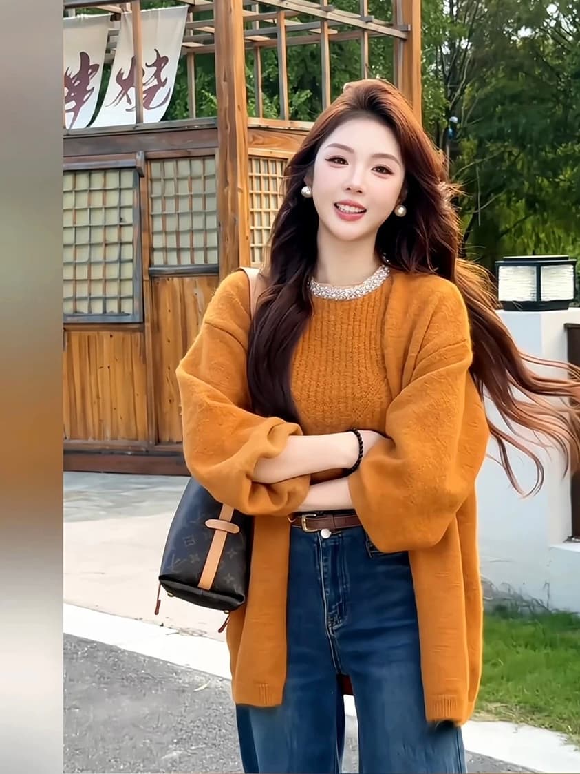 부드러운 작은 샤넬 스타일 품격 비즈 박기 패션 니트 조끼 스웨터 코트 여성 의류 2026 가을 겨울 새로운 투피스 세트 상세 이미지 5