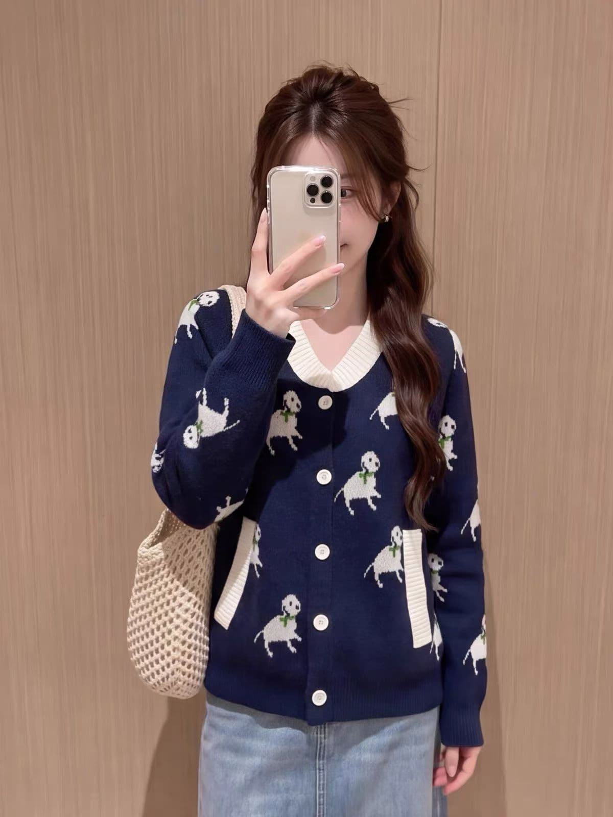 한국 스타일 학원 스타일 강아지 자카드 라운드 넥 오픈 가디건 스웨터 여자 학생 겨울 새로운 느긋한 센스 니트 스웨터 재킷
