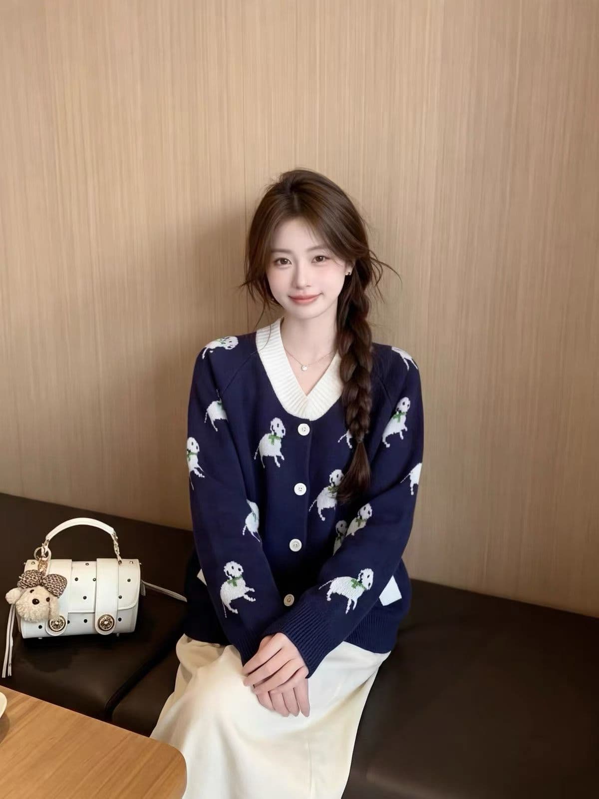 한국 스타일 학원 스타일 강아지 자카드 라운드 넥 오픈 가디건 스웨터 여자 학생 겨울 새로운 느긋한 센스 니트 스웨터 재킷 이미지 3