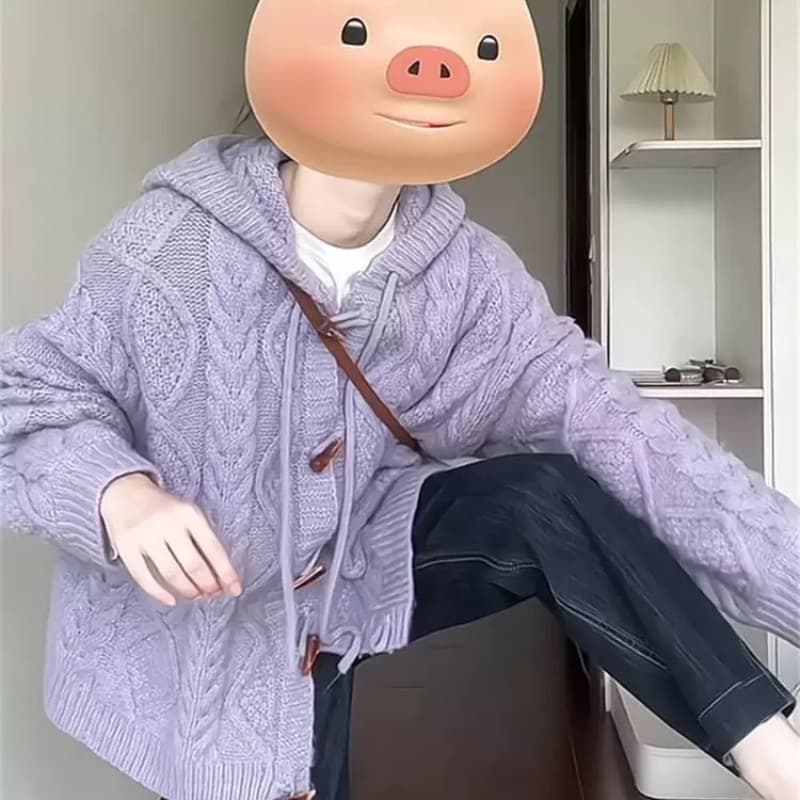 보라색 느긋한 바람 부드러운 찹쌀 니트 오픈 가디건 스웨터 여자 새로운 소뿔 버클 후드 여성 코트 이미지 4