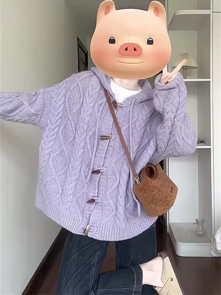 보라색 느긋한 바람 부드러운 찹쌀 니트 오픈 가디건 스웨터 여자 새로운 소뿔 버클 후드 여성 코트 이미지 5