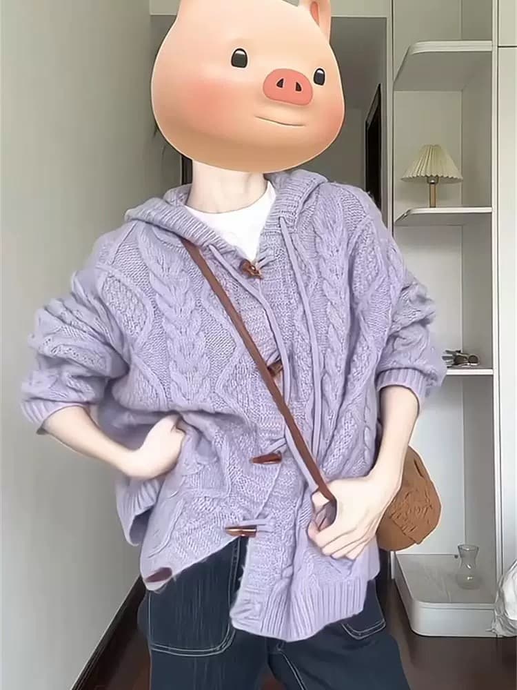 보라색 느긋한 바람 부드러운 찹쌀 니트 오픈 가디건 스웨터 여자 새로운 소뿔 버클 후드 여성 코트 상세 이미지 3