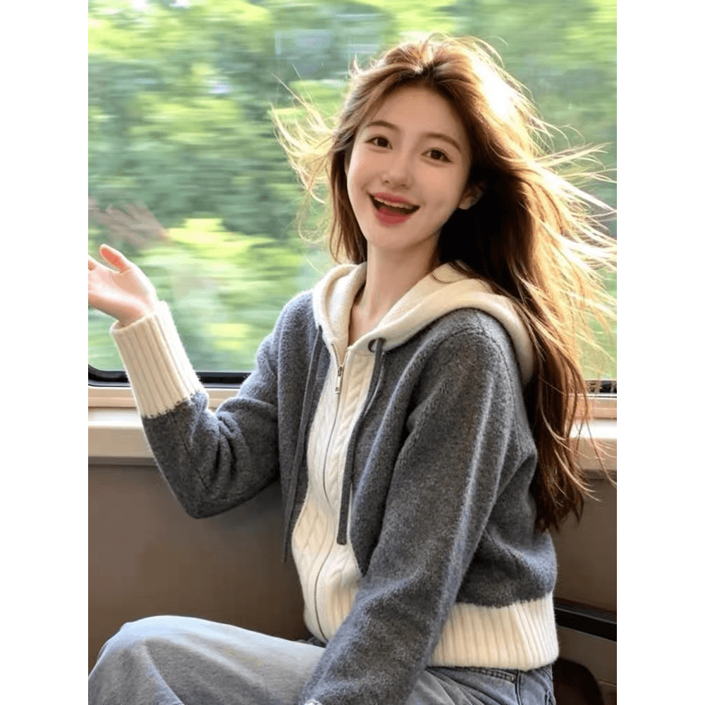 학원 스타일 배색 후드 지퍼 오픈 가디건 두꺼운 2026 가을 새로운 한국 스타일 다용도 루즈핏 슬림해 보이는 니트 맨위 이미지 4