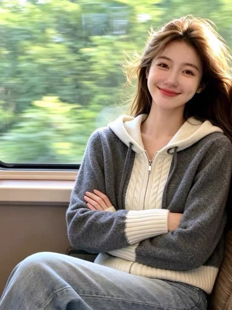 학원 스타일 배색 후드 지퍼 오픈 가디건 두꺼운 2026 가을 새로운 한국 스타일 다용도 루즈핏 슬림해 보이는 니트 맨위 상세 이미지 1