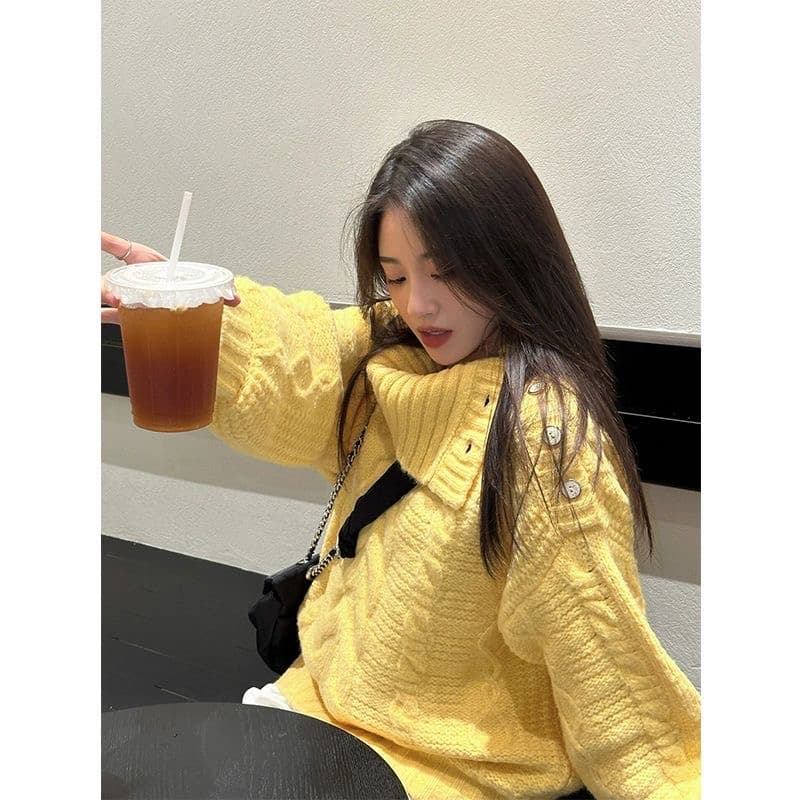 레트로 꽈배기 부드러운 바람 부드러운 찹쌀 풀오버 스웨터 여자 가을 겨울 새로운 디자인 센스 폴로 칼라 루즈핏 외출용 니트 스웨터 이미지 3
