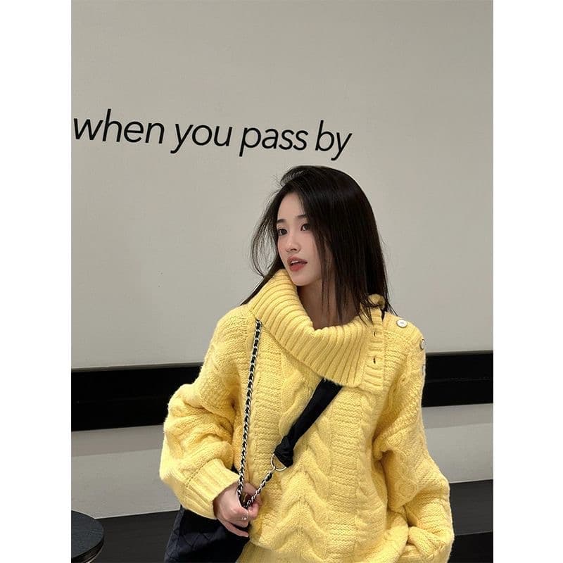 레트로 꽈배기 부드러운 바람 부드러운 찹쌀 풀오버 스웨터 여자 가을 겨울 새로운 디자인 센스 폴로 칼라 루즈핏 외출용 니트 스웨터 상세 이미지 5