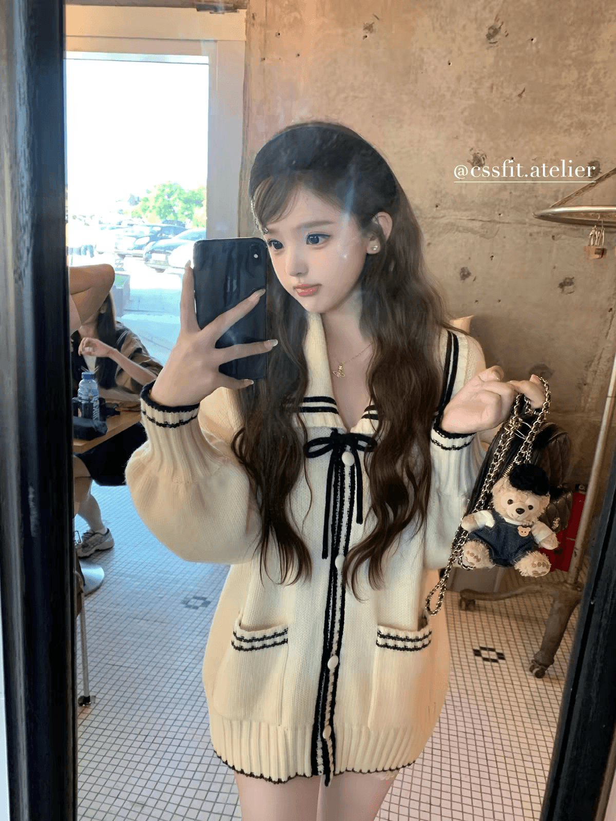 늦게 우산 우산 26 ss 등대 에코 fp 해군 스타일 oversized 레이스업 폴로 칼라 니트 양모 오픈 가디건 상세 이미지 5