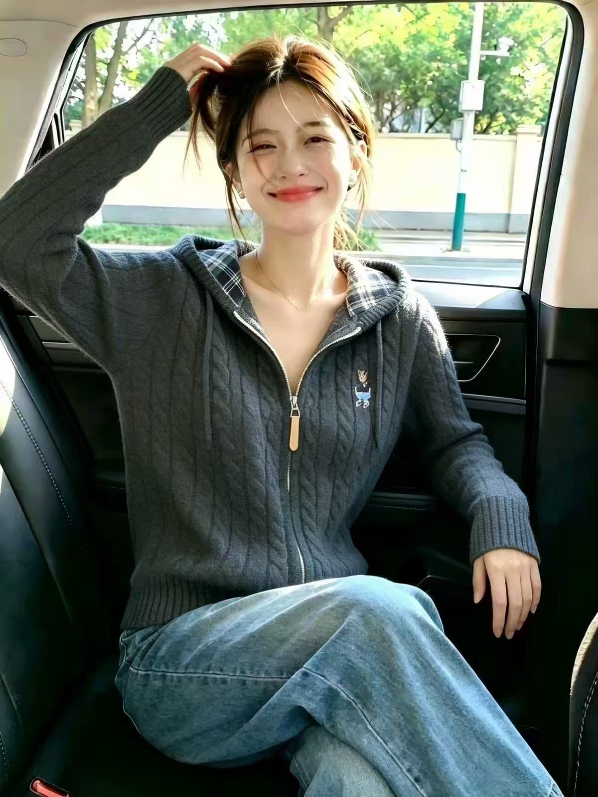 보존 섹션 추천 자수 후드 지퍼 꽈배기 니트 오픈 가디건 여성 가을 겨울 새로운 느긋한 바람 다용도 재킷 이미지 3