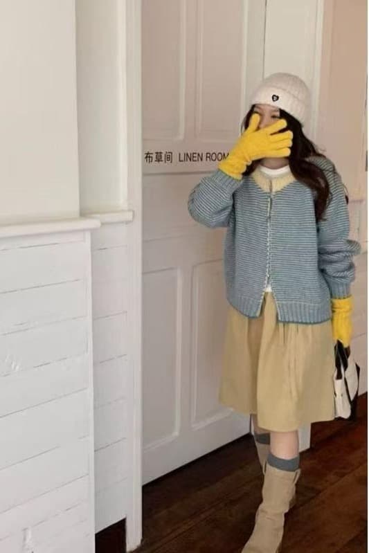 한 부서 느긋한 바람 착용 가져 가라. 레트로 배색 스트라이프 스웨터 여자 2026 새로운 가을 겨울 오픈 가디건 두꺼운 바늘 재킷 맨위 상세 이미지 1