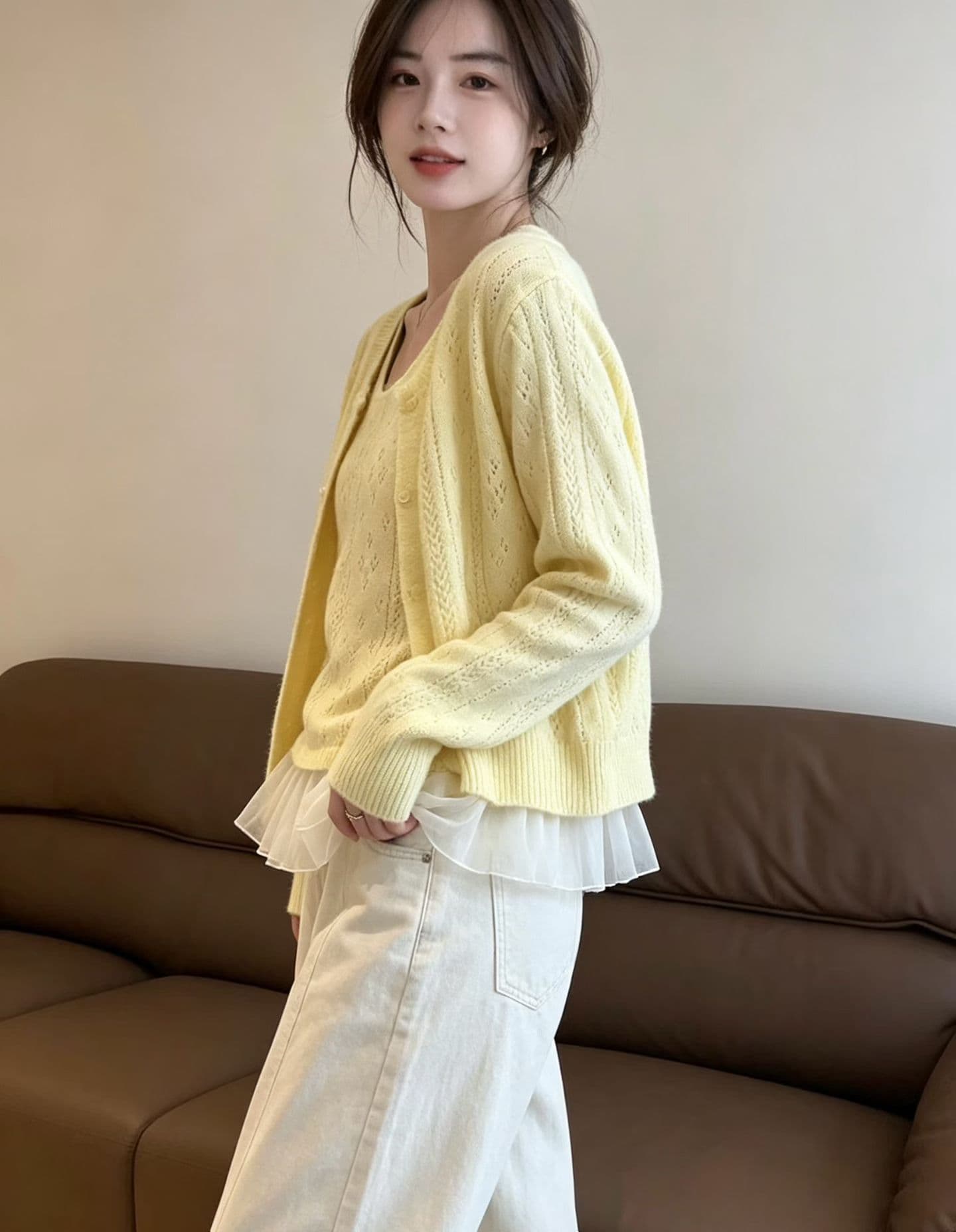 학원 스타일 품격 레이스 조각 니트 오픈 가디건 투피스 조끼 여성 가을 새로운 달콤함 바늘 맨위 세트 이미지 3
