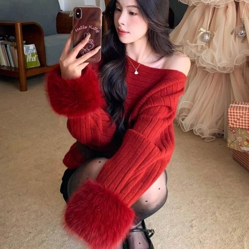 프랑스식 비스듬한 어깨 털 머리 소매 고급 센스 풀오버 스웨터 여자 가을 겨울 느긋한 바람 아름다운 부드러운 찹쌀 품격 루즈핏 맨위 이미지 4