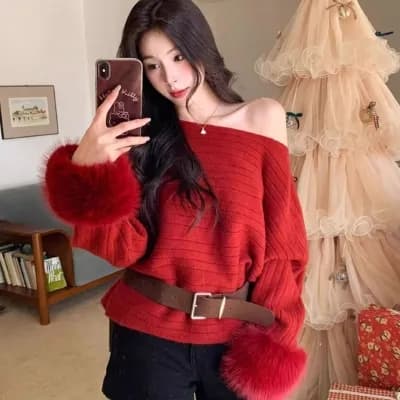 프랑스식 비스듬한 어깨 털 머리 소매 고급 센스 풀오버 스웨터 여자 가을 겨울 느긋한 바람 아름다운 부드러운 찹쌀 품격 루즈핏 맨위 상세 이미지 1