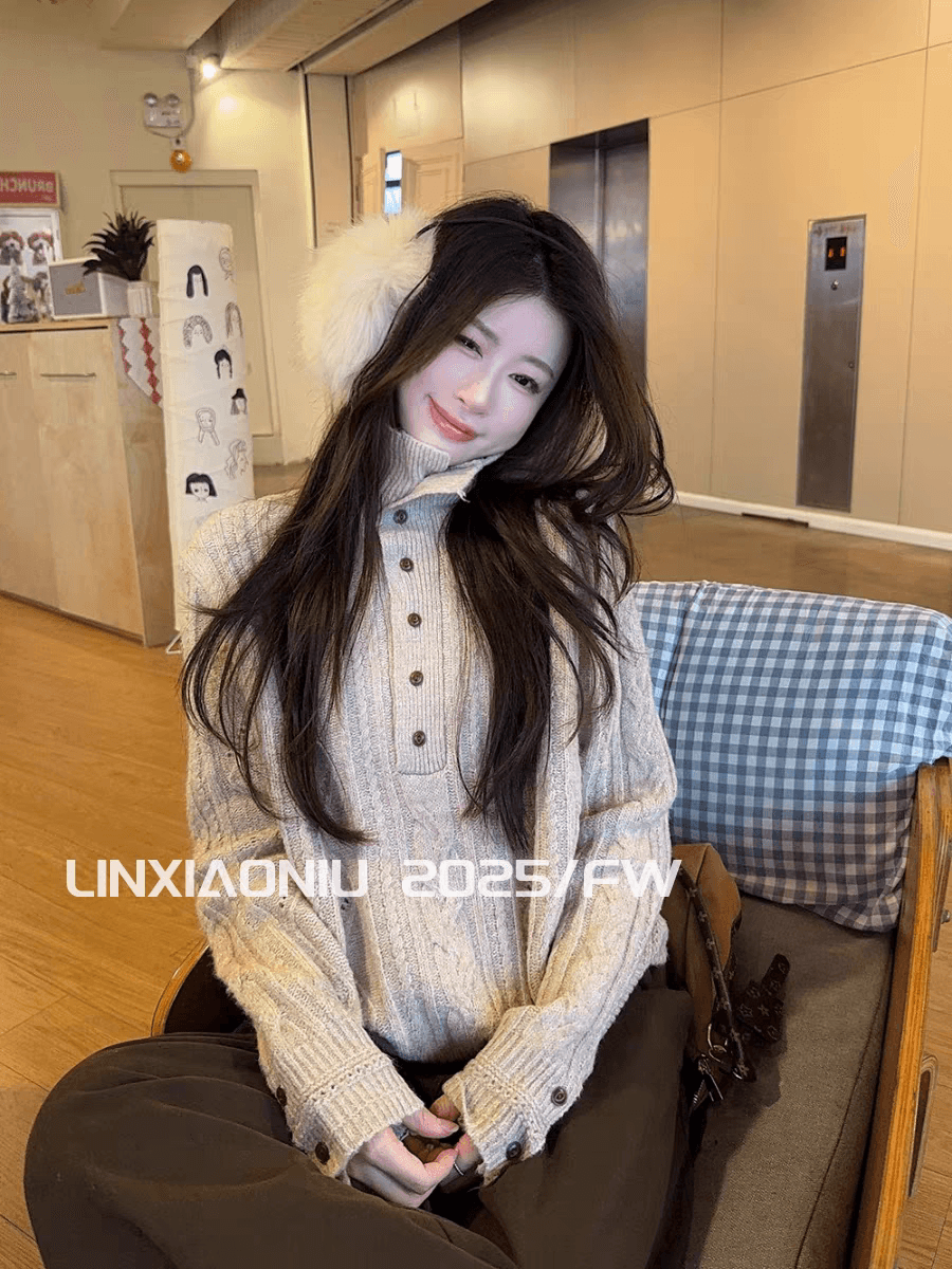 한 부서 느긋한 바람 터틀넥 부서 버클 레트로 트위스트 꽃 니트 스웨터 여성 가을 겨울철 루즈핏 슬림해 보이는 스웨터 상세 이미지 1