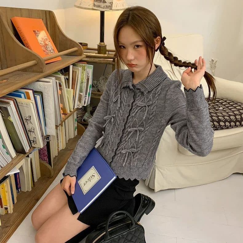 레트로 캐주얼 폴로 칼라 긴팔 단추 꽈배기 나비 매듭 정말 좋은 자 신의 맨위 봄 가을 겨울 스웨터 카디건 코트 상세 이미지 3