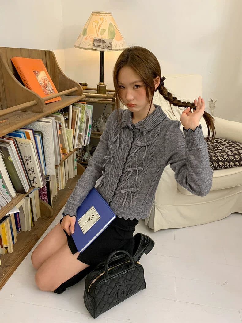 레트로 캐주얼 폴로 칼라 긴팔 단추 꽈배기 나비 매듭 정말 좋은 자 신의 맨위 봄 가을 겨울 스웨터 카디건 코트 상세 이미지 4