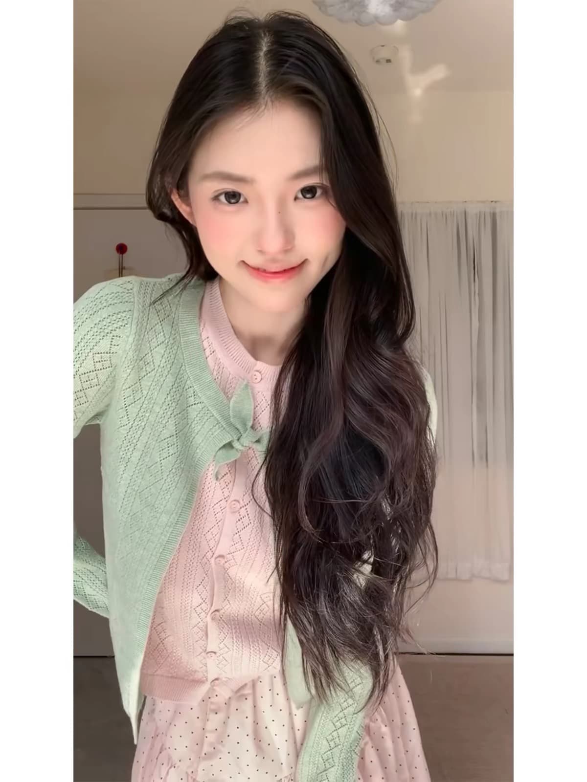 페이크 레이어드 녹색 니트 오픈 가디건 여성 가을 2026 새로운 착용 가져 가라. 한 부서 고유 한 아름다운 몸매 가꾸기 작은 키 맨위 이미지 3