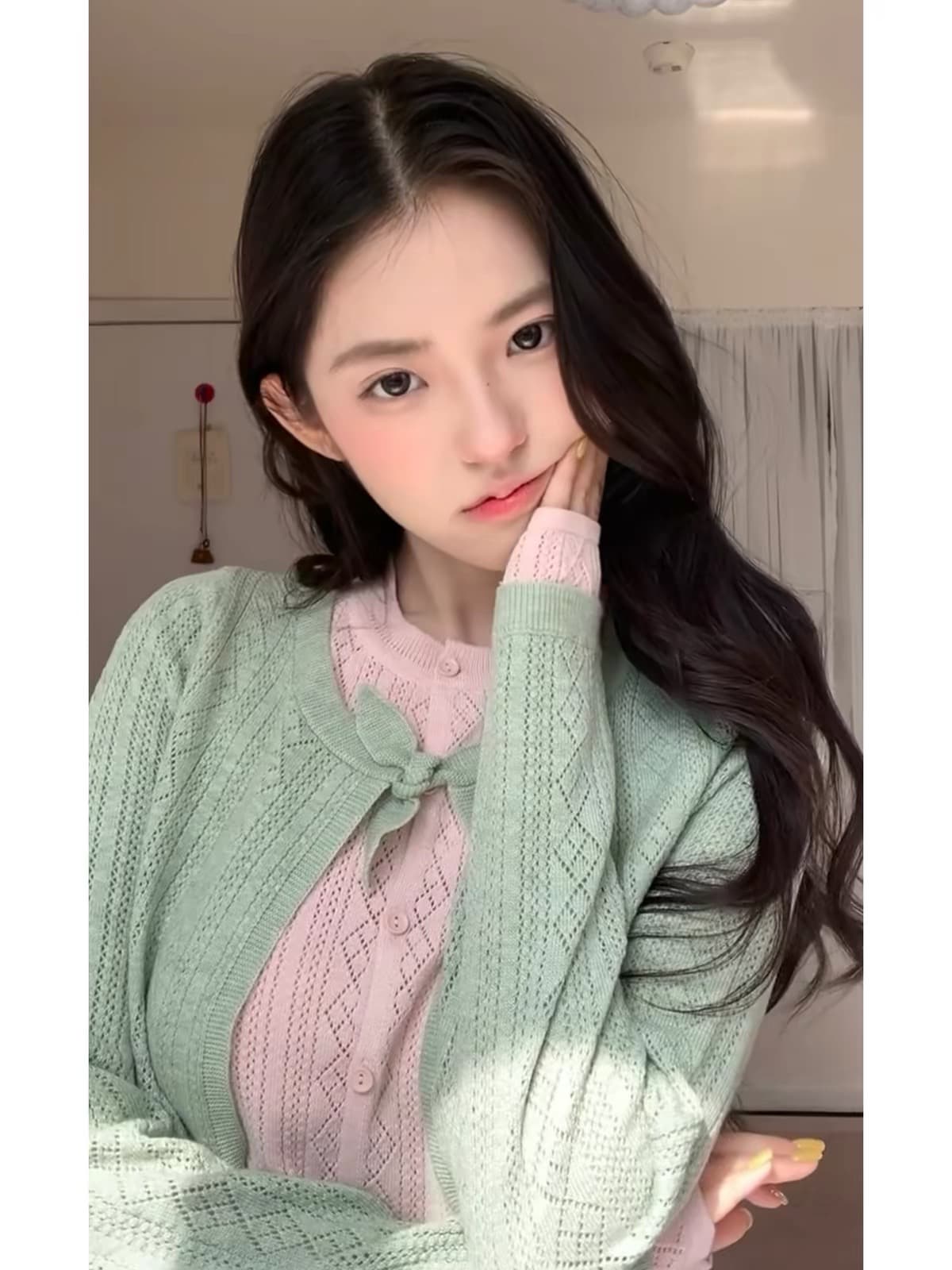 페이크 레이어드 녹색 니트 오픈 가디건 여성 가을 2026 새로운 착용 가져 가라. 한 부서 고유 한 아름다운 몸매 가꾸기 작은 키 맨위 상세 이미지 1