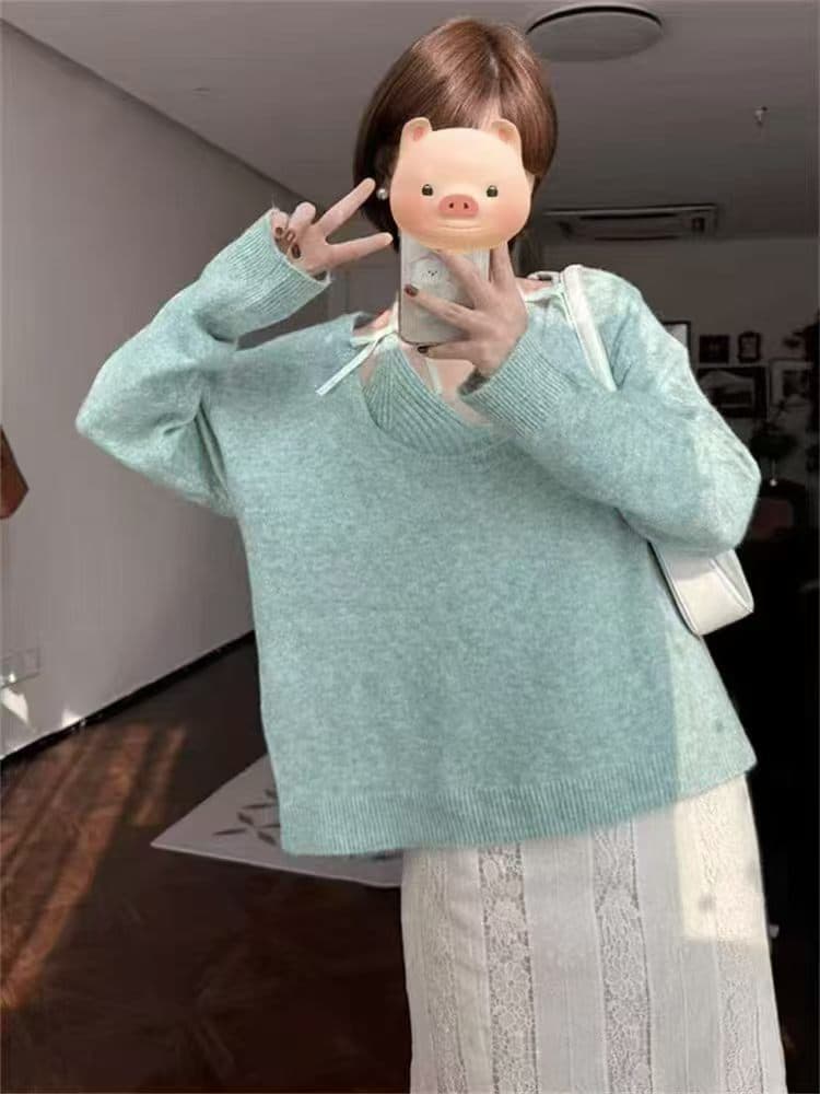 가을로 한 부서 고급 센스 착용 가져 가라. 전체 집합 이른 가을 새로운 여성 의류 녹색 니트 행침 목 조끼 투피스 슈트 상세 이미지 5