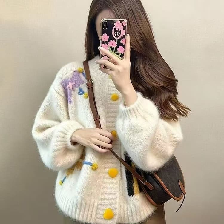 느긋한 바람 자카드 자수 디자인 센스 부드러운 찹쌀 니트 오픈 가디건 스웨터 여자 2026 가을 겨울철 루즈핏 외출용 맨위 상세 이미지 2