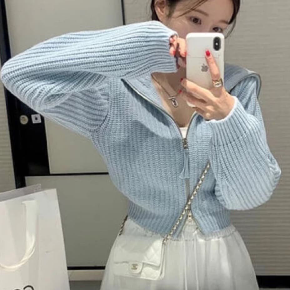 한국 ins 빅 칼라 쇼트 스타일 더블 지퍼 니트 스웨터