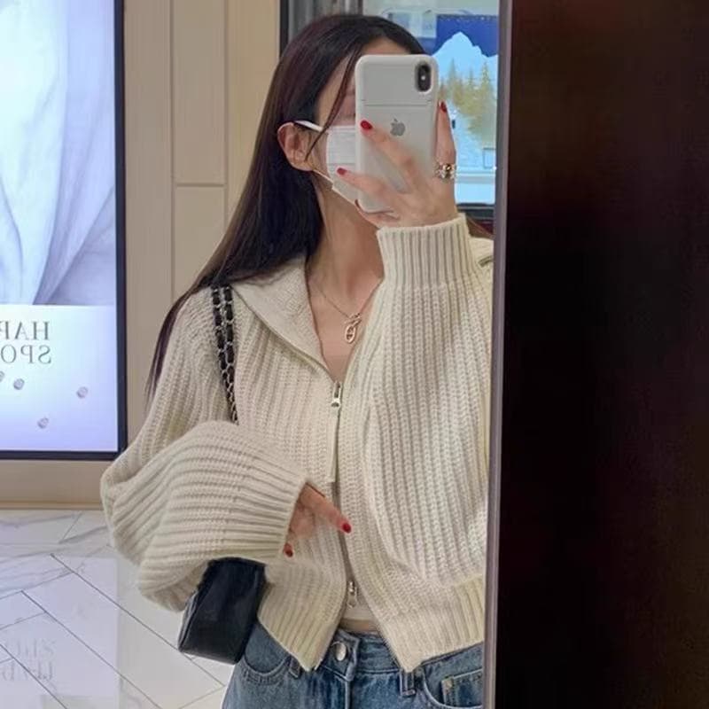 한국 ins 빅 칼라 쇼트 스타일 더블 지퍼 니트 스웨터 이미지 3