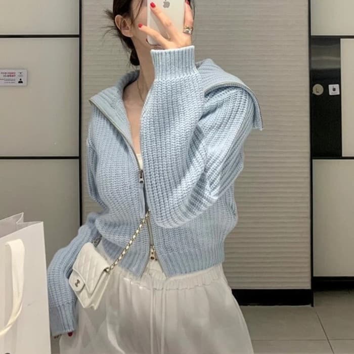 한국 ins 빅 칼라 쇼트 스타일 더블 지퍼 니트 스웨터 상세 이미지 2