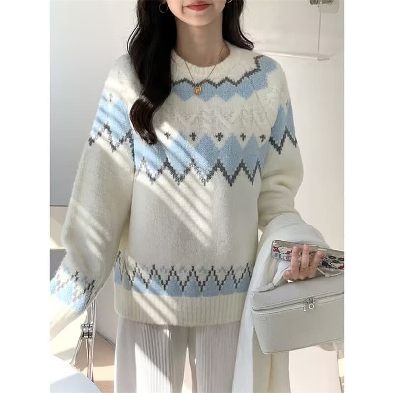공정한 섬 레트로 링 그리드 라운드 넥 스웨터 여자 가을 겨울 느긋한 바람 디자인 센스 자수 배색 니트 스웨터 두꺼움