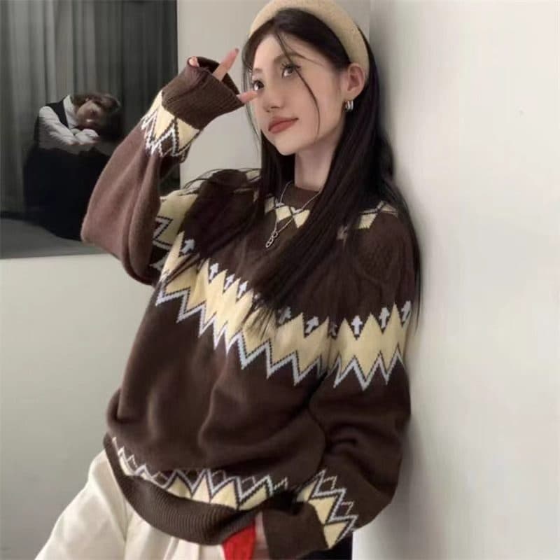 공정한 섬 레트로 링 그리드 라운드 넥 스웨터 여자 가을 겨울 느긋한 바람 디자인 센스 자수 배색 니트 스웨터 두꺼움 이미지 4