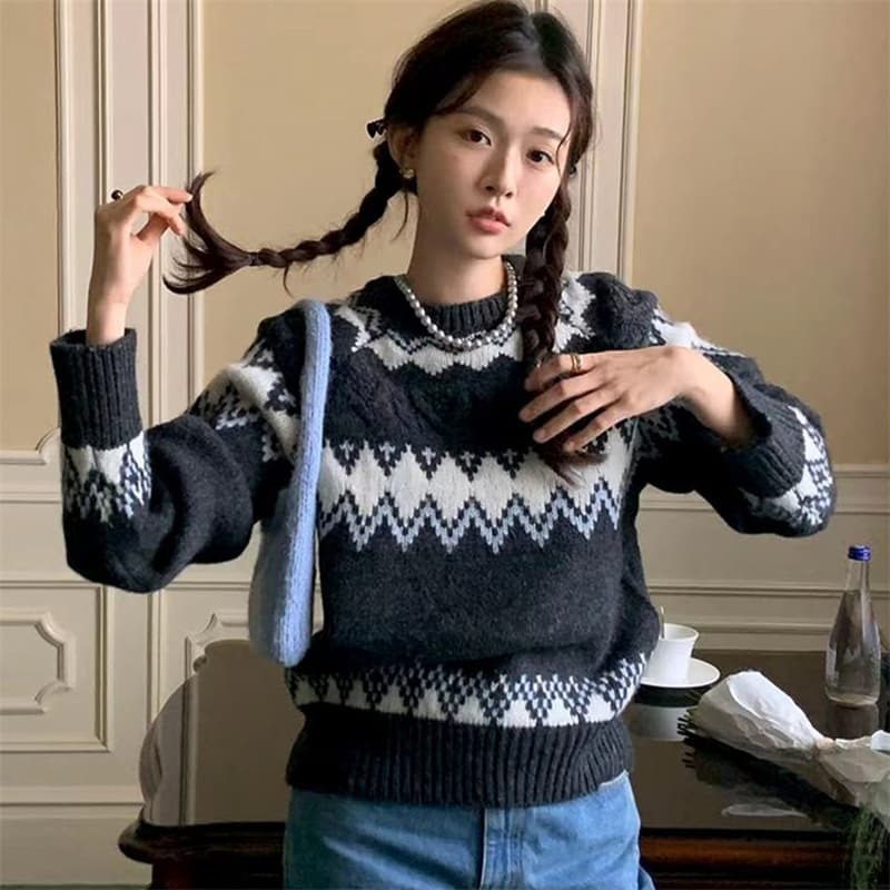 공정한 섬 레트로 링 그리드 라운드 넥 스웨터 여자 가을 겨울 느긋한 바람 디자인 센스 자수 배색 니트 스웨터 두꺼움 상세 이미지 2